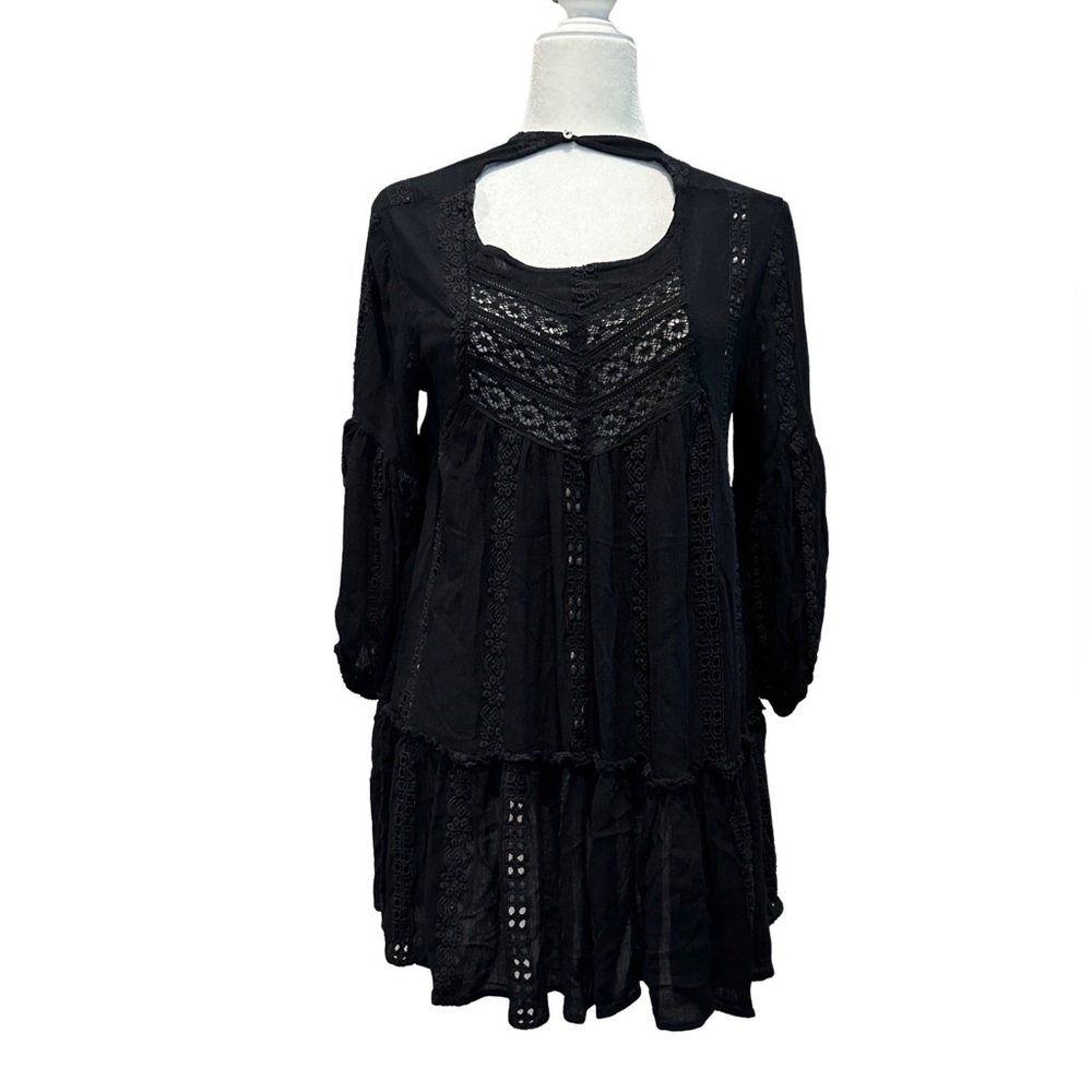 Free People Long Sleeve Blouse Black Flowy Hippie Boho Festival Shirt Size Small - Picture 1 of 4